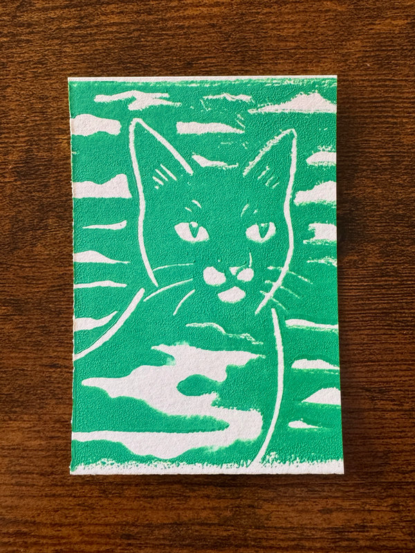 Kelly Green Cat Art #1 - Hand-Carved Block Print aceo art card