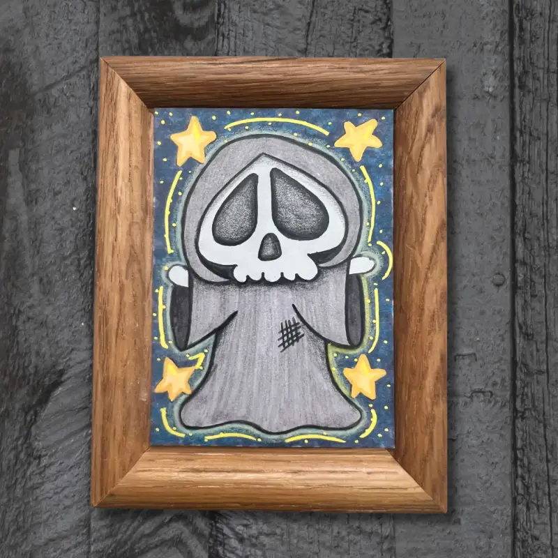 Reaper Hugs - Alcohol Markers, Colored Pencils and Acrylic Drawing by Pamela K Studio aceo art card