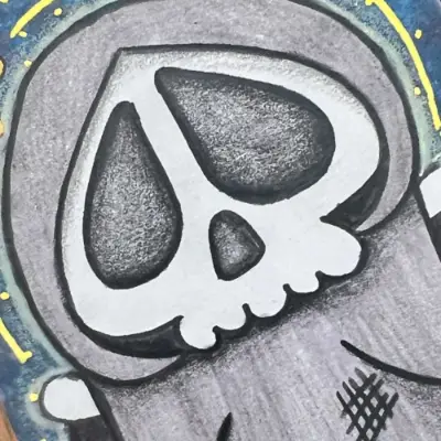 Reaper Hugs - Alcohol Markers, Colored Pencils and Acrylic Drawing by Pamela K Studio aceo art card thumbnail 2