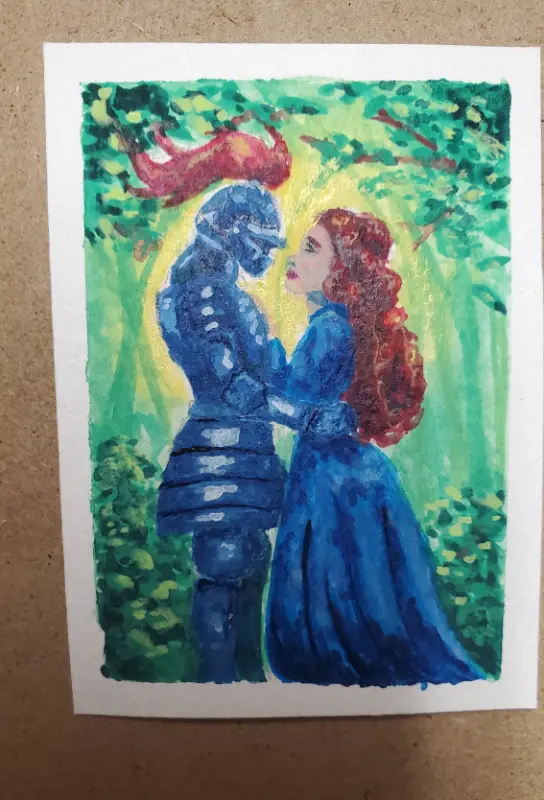 ACEO ATC signed artist trading card "A Knightly Tale" 4/7 gouache Mystic Dragon aceo art card