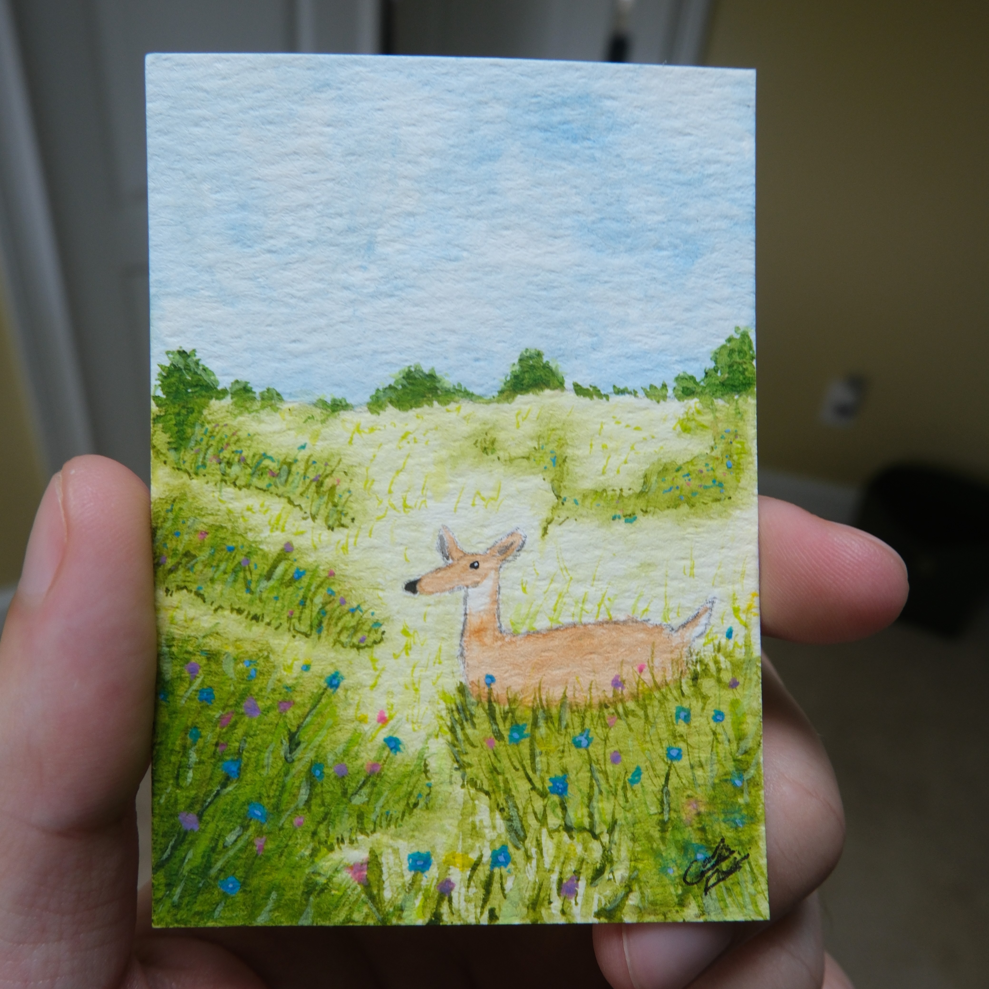 Deer in the Flowers aceo art card thumbnail 1
