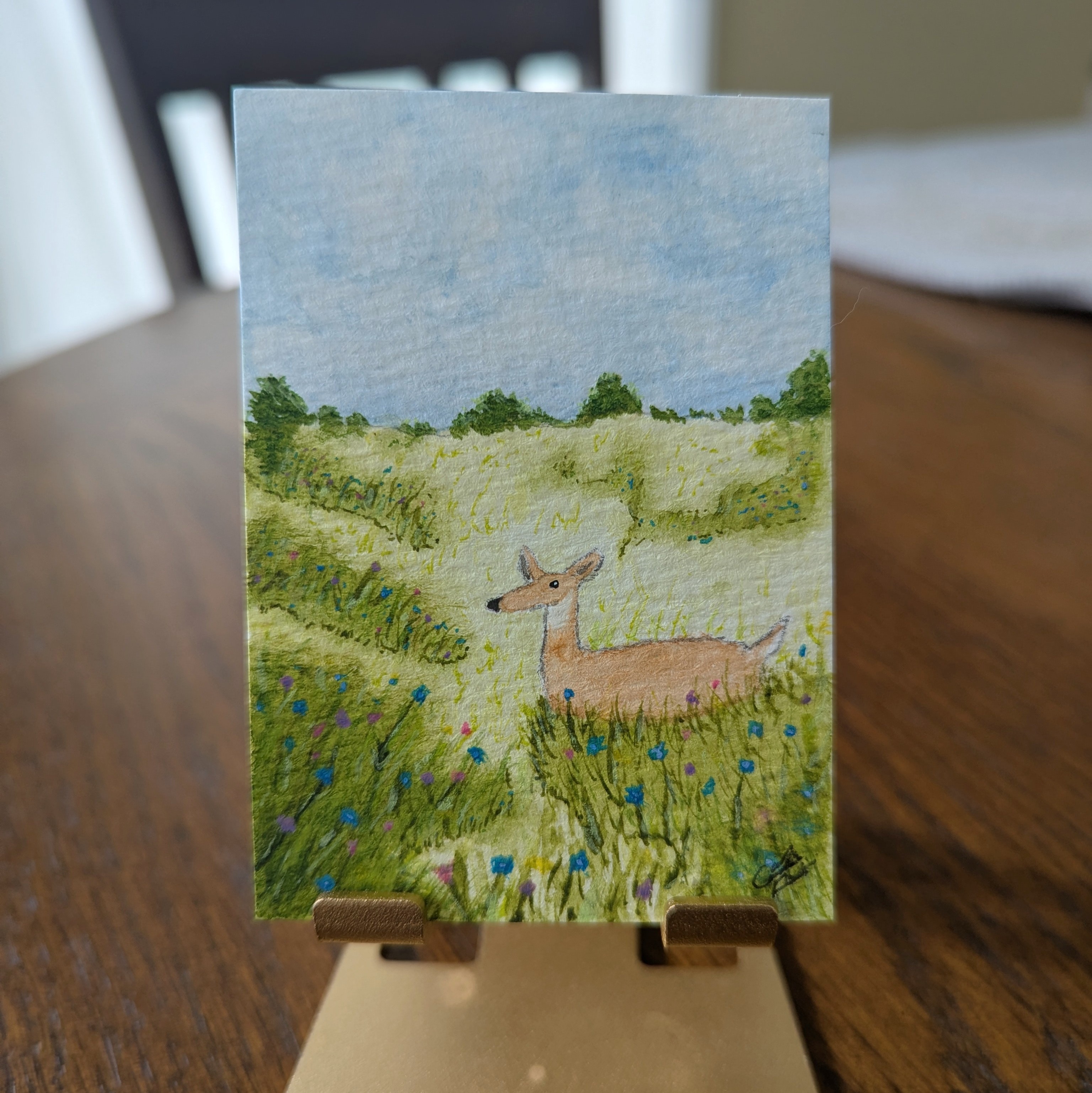 Deer in the Flowers aceo art card thumbnail 3