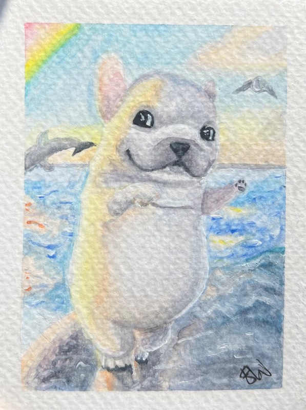 ACEO Original Watercolour Painting by Ebony Jasmin Warren "Pibbles on a Whale" aceo art card