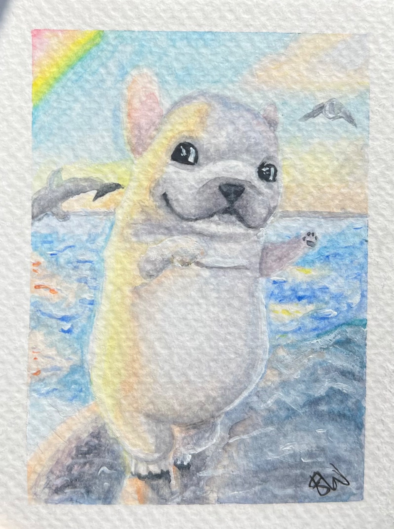 ACEO Original Watercolour Painting by Ebony Jasmin Warren "Pibbles on a Whale" aceo art card