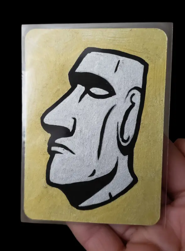 Silver and Gold Moai of Rapa Nui Easter Island Statue in POSCA Markers aceo art card