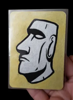 Silver and Gold Moai of Rapa Nui Easter Island Statue in POSCA Markers aceo art card thumbnail 1