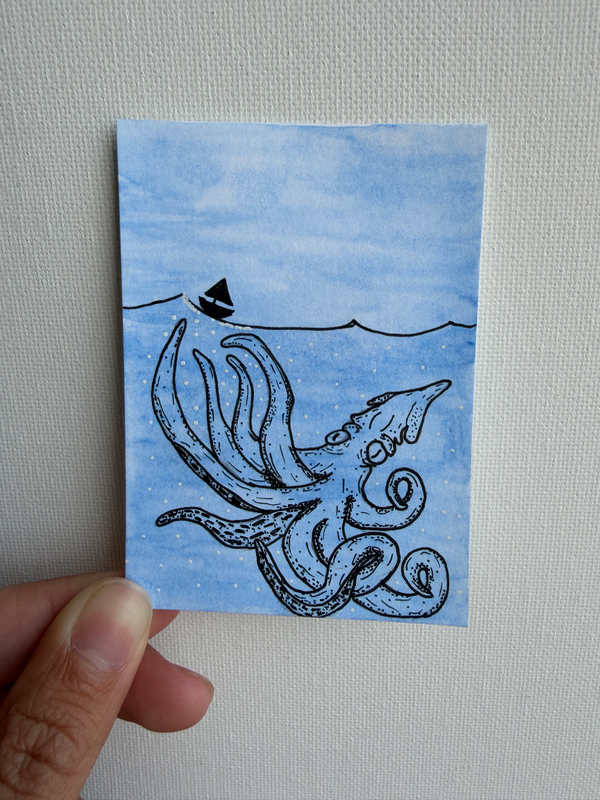 Cthulhu Giant Squid Watercolor aceo art card