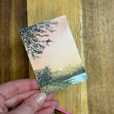 ACEO Watercolor, Landscape, Original, Pond, Lake, “Sunset Pond”, 3.5x2.5in, By Lark Watercolor aceo art card thumbnail 2