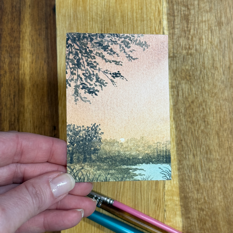 ACEO Watercolor, Landscape, Original, Pond, Lake, “Sunset Pond”, 3.5x2.5in, By Lark Watercolor aceo art card