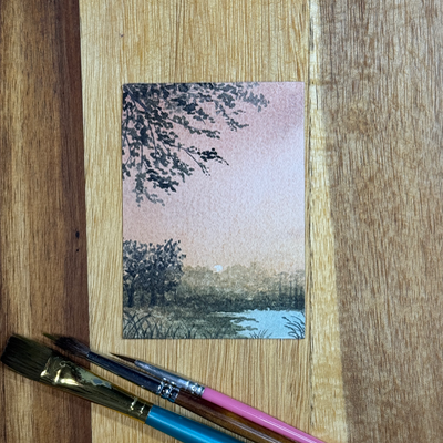 ACEO Watercolor, Landscape, Original, Pond, Lake, “Sunset Pond”, 3.5x2.5in, By Lark Watercolor aceo art card thumbnail 3