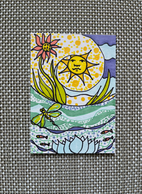 “Sunny Thoughts” Whimsical Lotus Dragonfly Flower Sun aceo art card