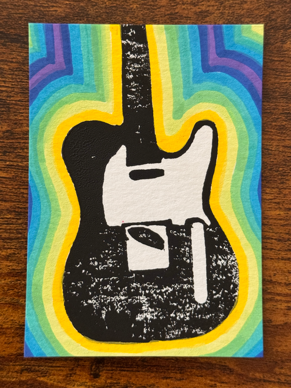 Telecaster Vibes, Guitar, Hand-Carved Block Print Mixed Media aceo art card