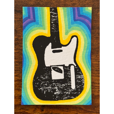 Telecaster Vibes, Guitar, Hand-Carved Block Print Mixed Media aceo art card thumbnail 1