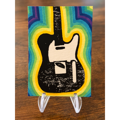Telecaster Vibes, Guitar, Hand-Carved Block Print Mixed Media aceo art card thumbnail 2