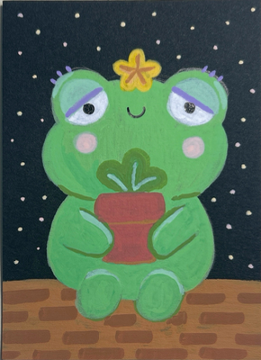 Frog with potted plant aceo art card thumbnail 2