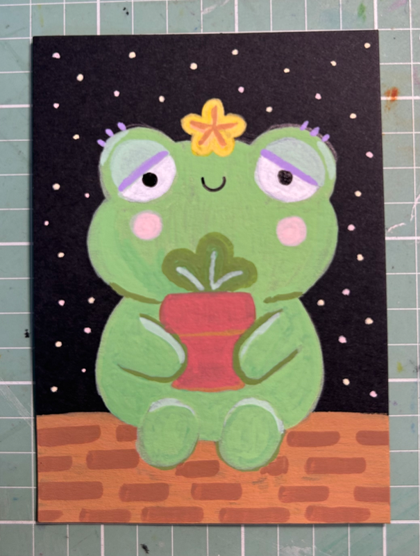 Frog with potted plant aceo art card