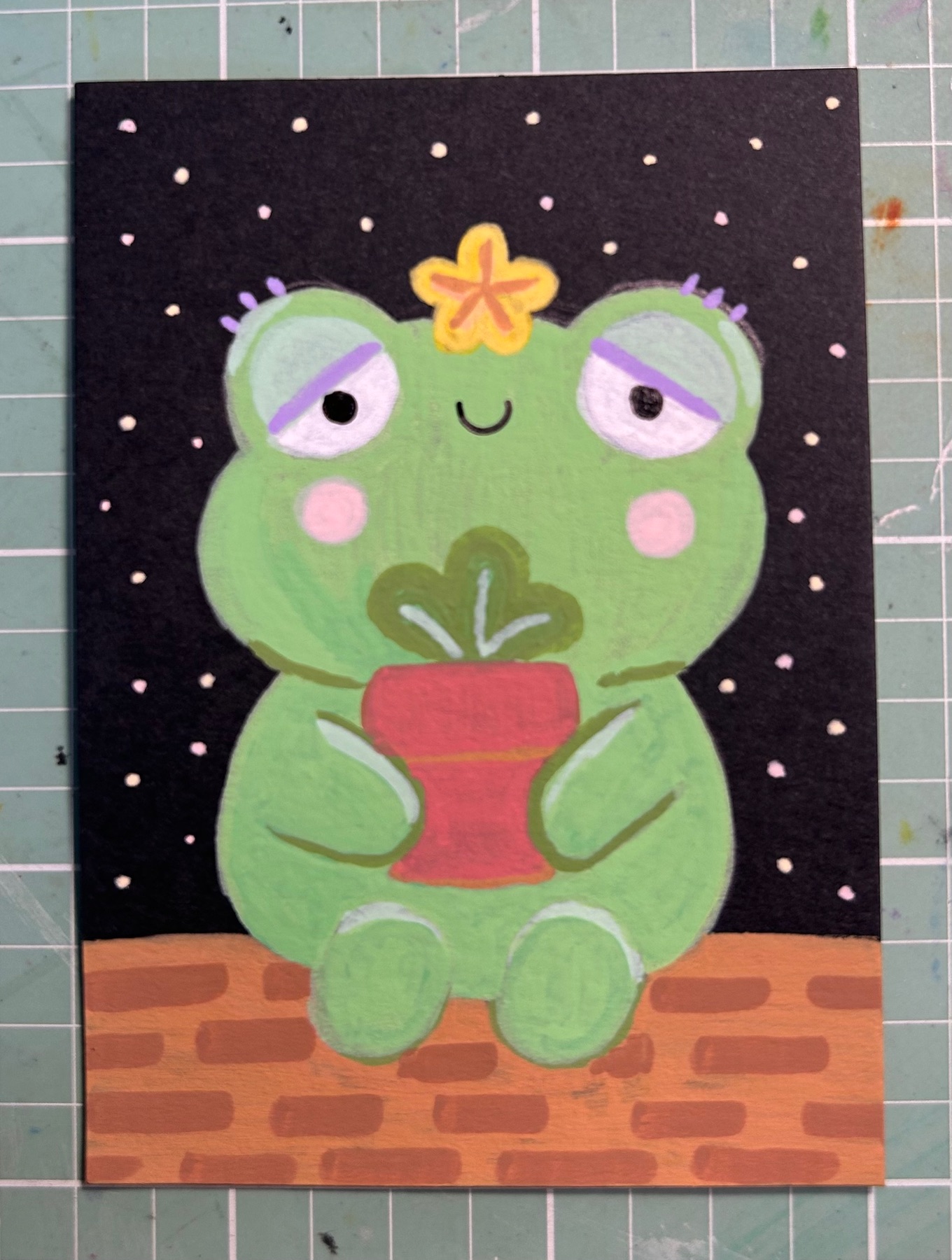 Frog with potted plant aceo art card