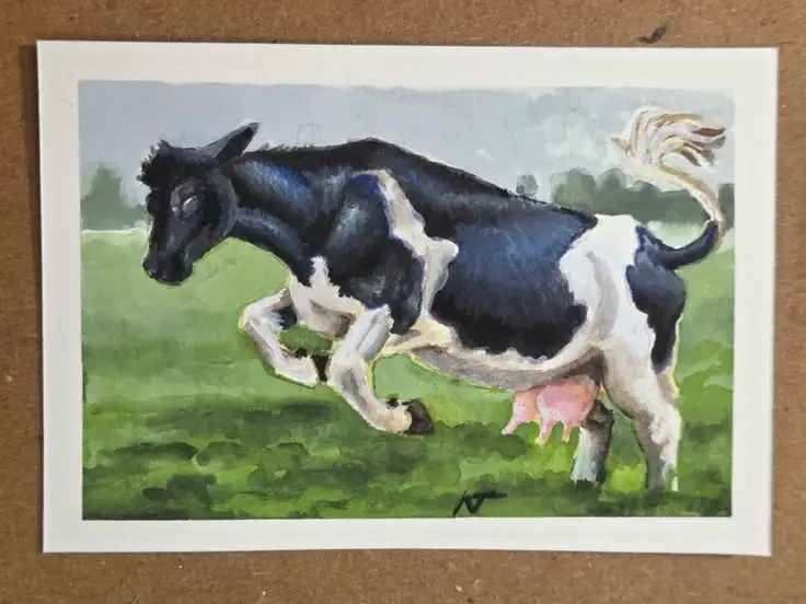 ACEO Original painting, Cow, Playful, Summertime, Whimsical realism - naturebynikki aceo art card