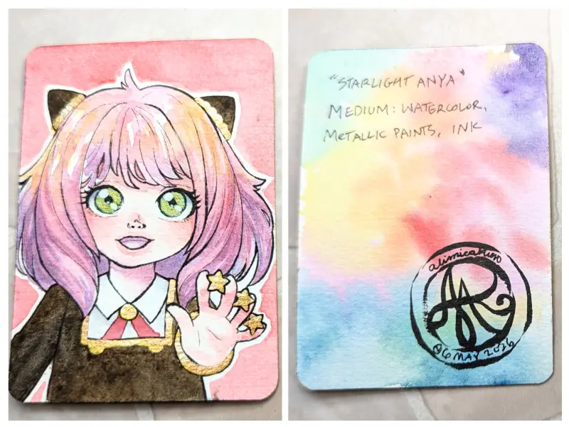 Spy X Family: Starlight Anya - OOAK Watercolor & SparklingMetallics aceo art card