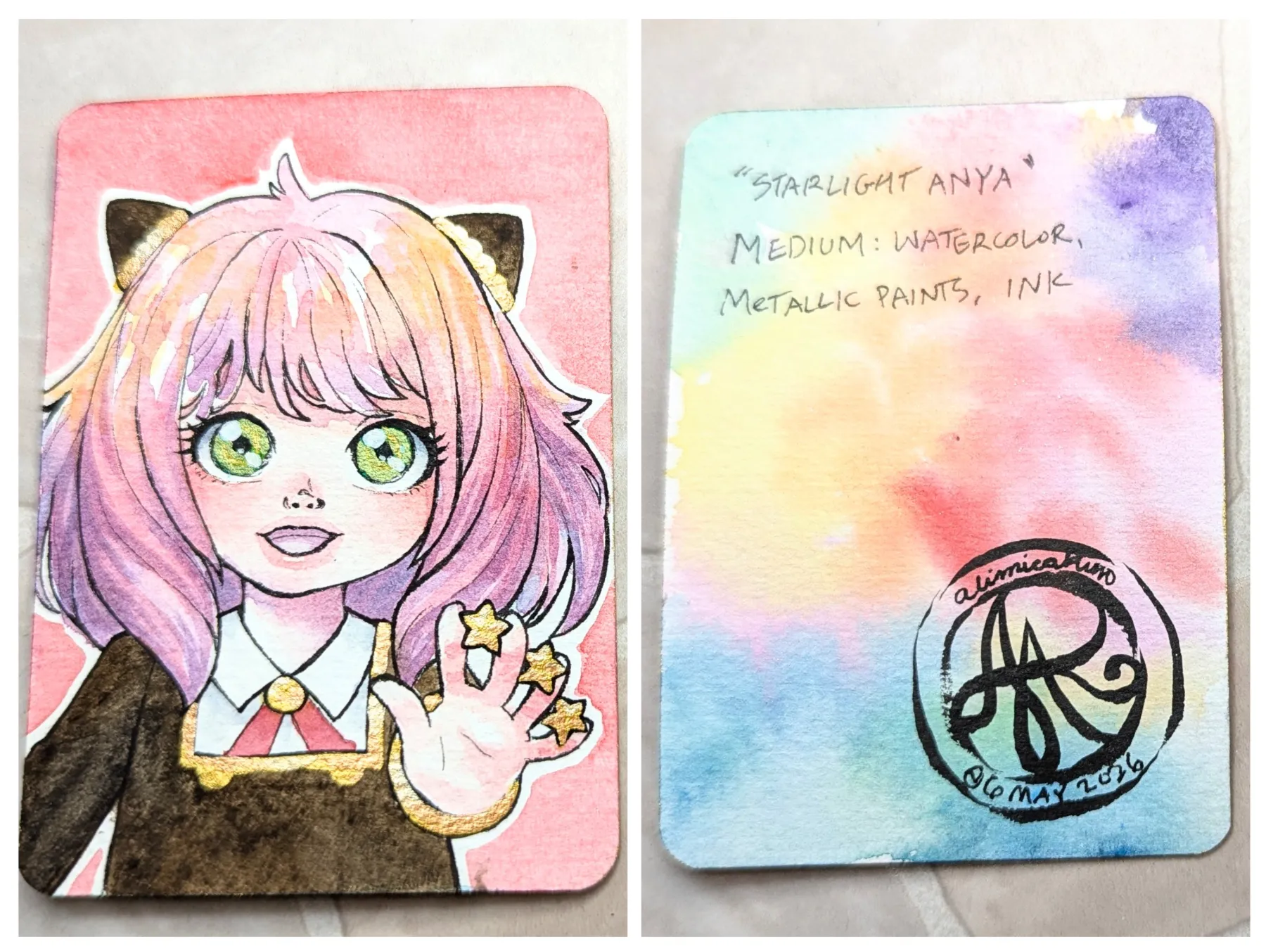 Spy X Family: Starlight Anya - OOAK Watercolor & SparklingMetallics aceo art card