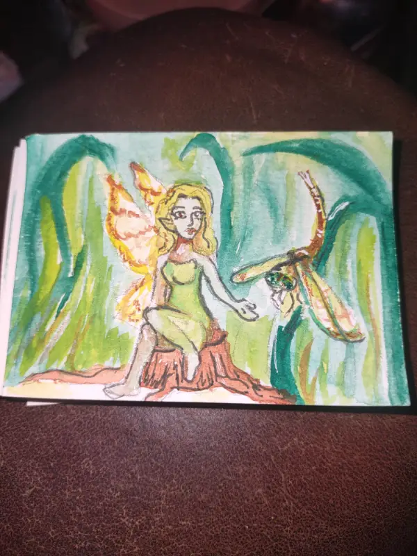 ACEO Original Art "Fairy and Dragonfly" Fantasy, Whimsy, bugs, watercolors aceo art card