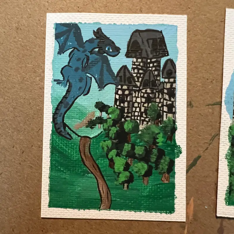 ACEO Original The Watcher Blue Dragon Castle Fantasy Landscape Acrylic Ink P&F Co aceo art card