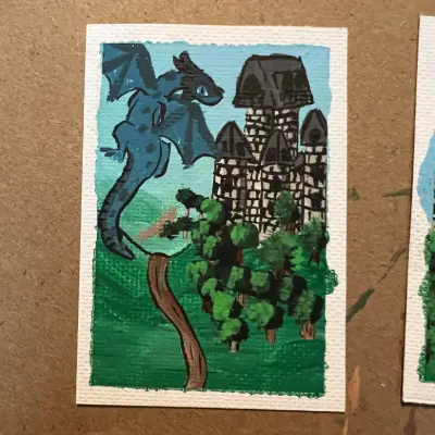 ACEO Original The Watcher Blue Dragon Castle Fantasy Landscape Acrylic Ink P&F Co aceo art card thumbnail 1