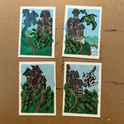 ACEO Original The Watcher Blue Dragon Castle Fantasy Landscape Acrylic Ink P&F Co aceo art card thumbnail 2