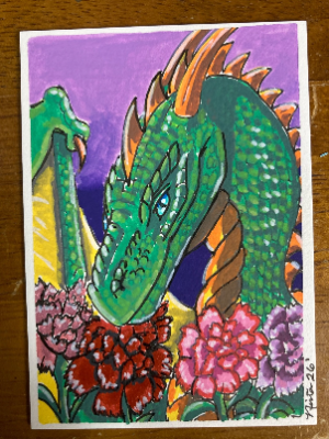 Dragon & Flowers ACEO Artwork by Nina Original Acrylic Painting OOAK Fantasy Art aceo art card thumbnail 1
