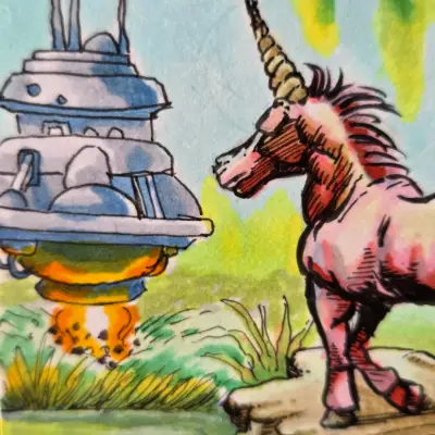 The UFO and the Unicorn aceo art card thumbnail 2