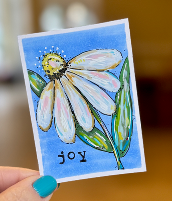White Daisy JOY aceo art card thumbnail 2