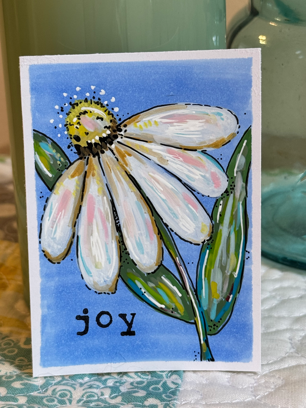 White Daisy JOY aceo art card