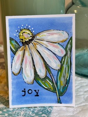 White Daisy JOY aceo art card thumbnail 1