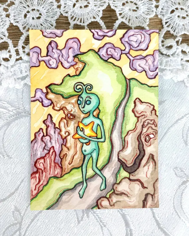 The Alien and the Star: Forest Walk aceo art card
