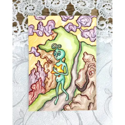 The Alien and the Star: Forest Walk aceo art card thumbnail 1