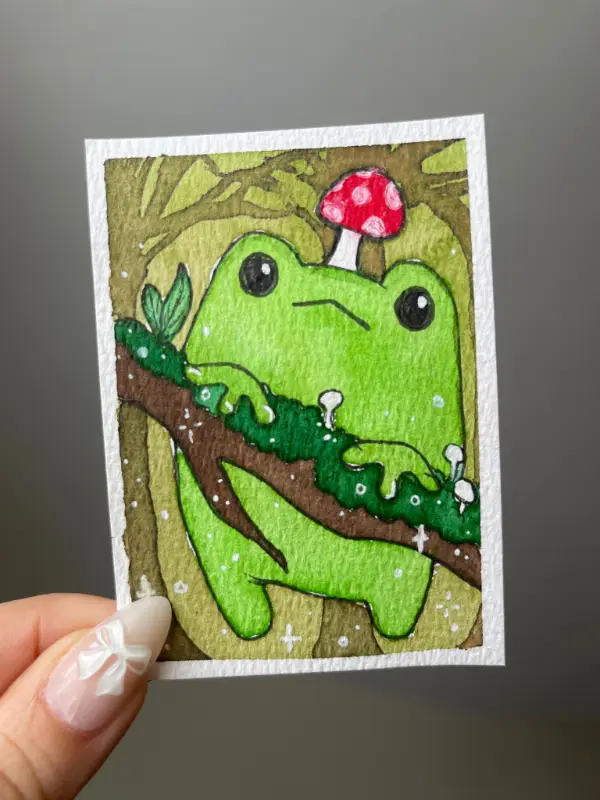 Frog and Mushrooms aceo art card