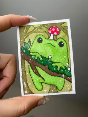 Frog and Mushrooms aceo art card thumbnail 2