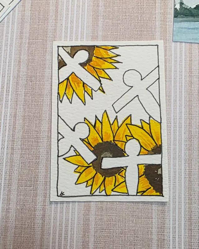 Original aceo. Shikigami with sunflowers aceo art card