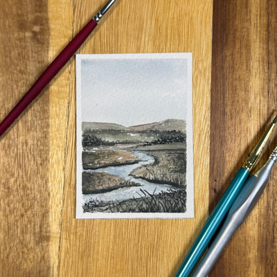 ACEO Watercolor, Landscape, Original, Marsh, “Marsh pond”, 3.5x2.5in, By Lark Watercolor and Art aceo art card thumbnail 3