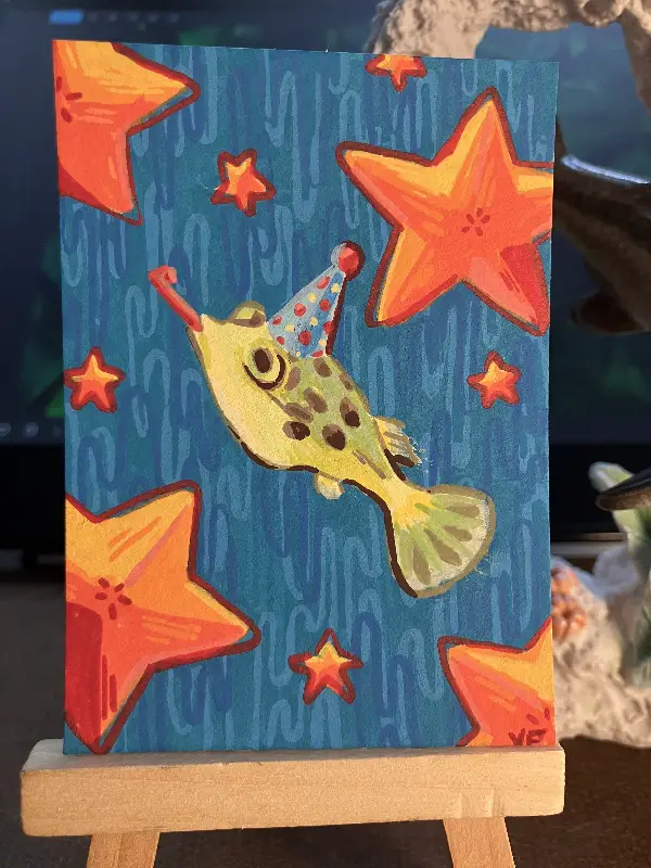 Pea Puffer Party aceo art card