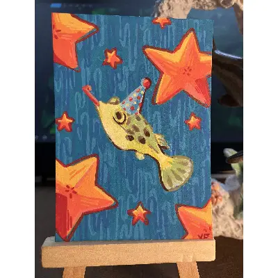 Pea Puffer Party aceo art card thumbnail 1