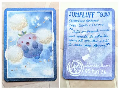 Pokemon: Jumpluff - OOAK Watercolor & Sparkling Iridescent & Metallic Paints aceo art card thumbnail 1