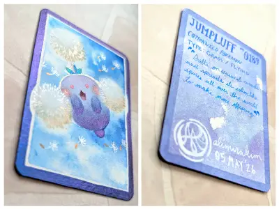 Pokemon: Jumpluff - OOAK Watercolor & Sparkling Iridescent & Metallic Paints aceo art card thumbnail 2