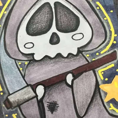 See My Scythe - Alcohol Markers, Colored Pencils and Acrylic Drawing by Pamela K Studio aceo art card thumbnail 2