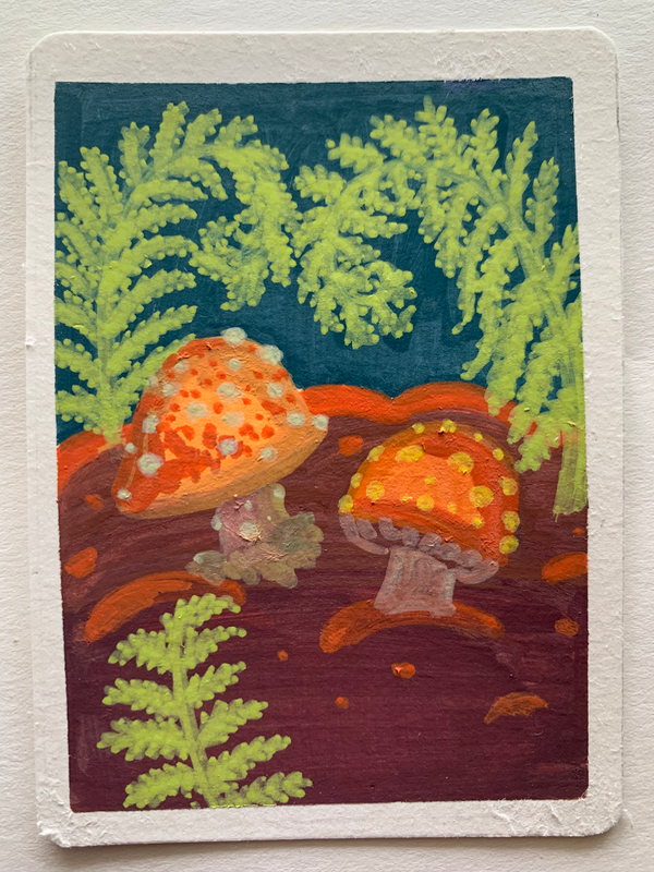 Whimsical nature forest mushrooms aceo art card