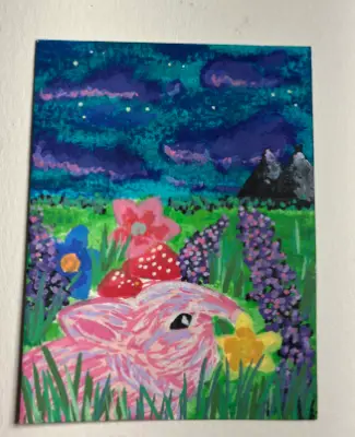 Bunny in the Wildflower Meadow aceo art card thumbnail 1