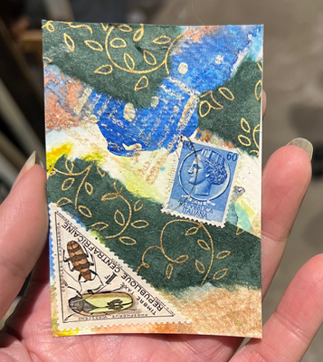 Mixed media collage with insect stamps aceo art card thumbnail 2