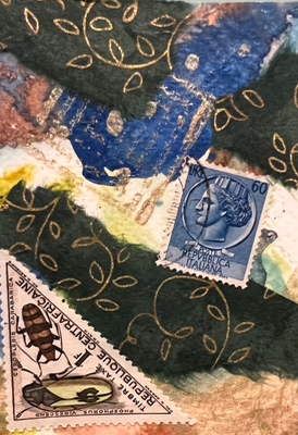 Mixed media collage with insect stamps aceo art card thumbnail 1