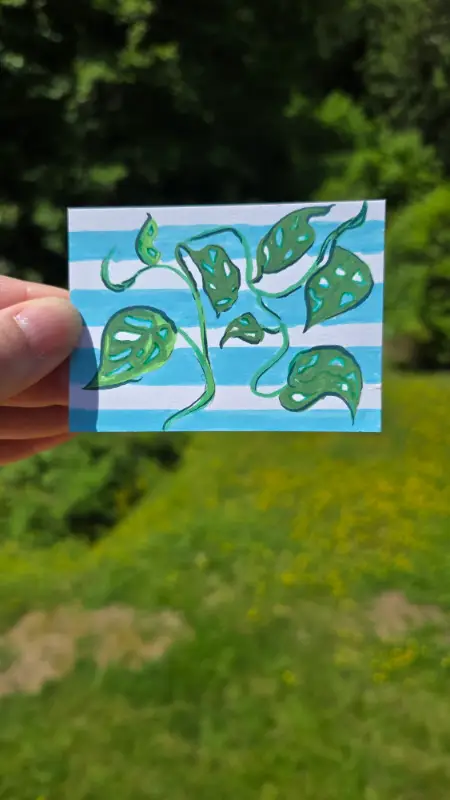 Swiss Cheese Monstera on Stripes aceo art card