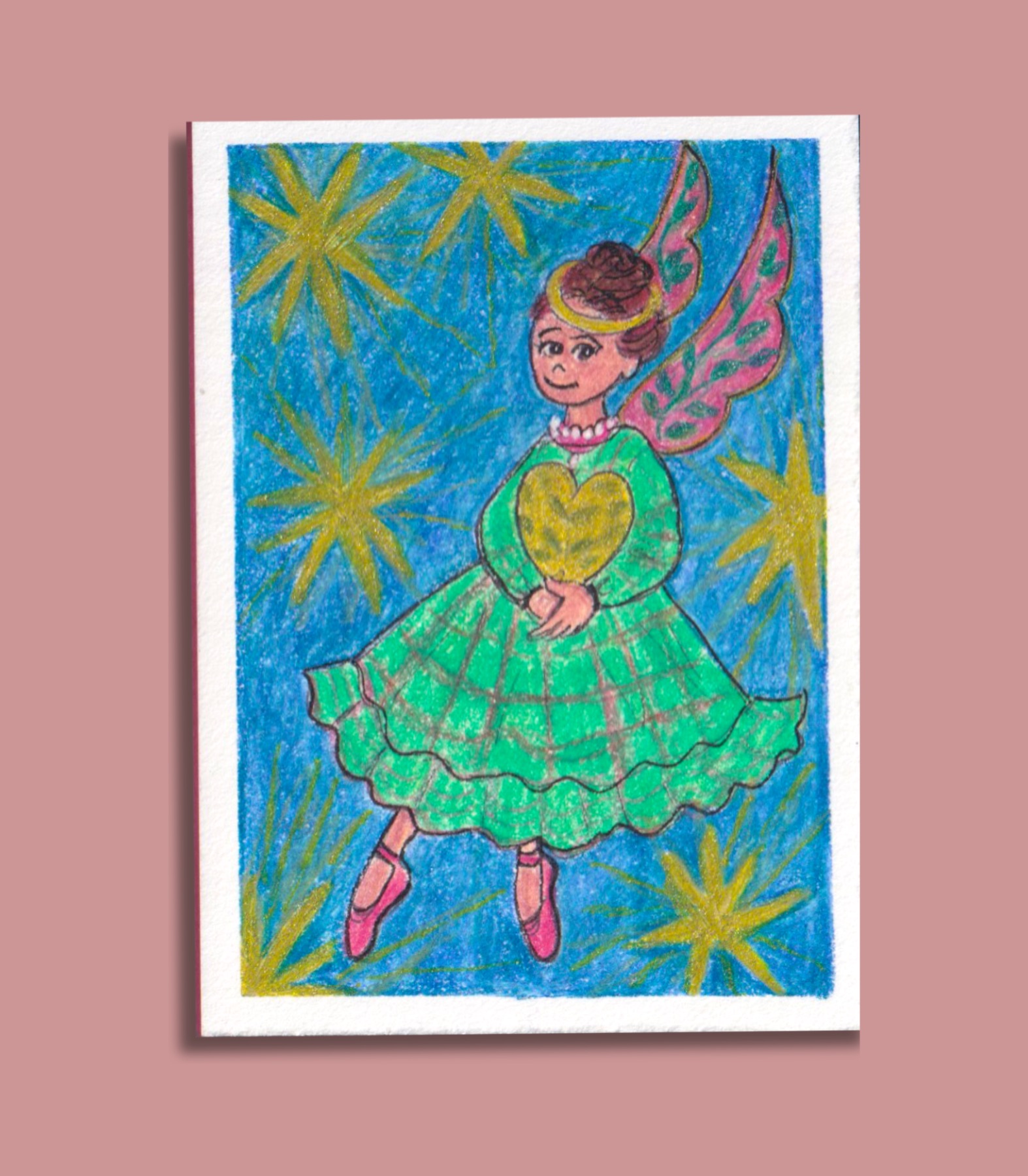 Folk Angel with Golden Heart ACEO - Colored Pencil & Ink on Illustration Board aceo art card